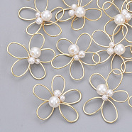 Brass Wire Beads, with ABS Plastic Imitation Pearl, Nickel Free, Flower, Real 18K Gold Plated, White, 28x24x7mm(KK-S354-011-NF)