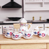 Mini Ceramic Tea Sets, including Cup, Teapot, Saucer, Micro Landscape Garden Dollhouse Accessories, Pretending Prop Decorations, Flower, 13~27mm, 15pcs/set(BOTT-PW0011-44F)