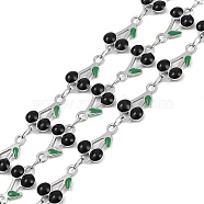 304 Stainless Steel Enamel Cherry Link Chains, with Spool, Soldered, Stainless Steel Color, Black, 13x7.5x2.5mm(CHS-M007-01P-02)