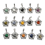 Natural & Synthetic Mixed Gemstone Pendants, Rack Plating Brass Ring Charms with Star, Platinum, Cadmium Free & Lead Free, Mixed Dyed and Undyed, 27.5x25.5x7~8mm, Hole: 8x5mm(G-P517-01P)