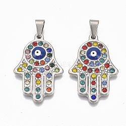 304 Stainless Steel Pendants, with Colorful Rhinestone,Iron Snap On Bails and Enamel, Hamsa Hand/Hand of Fatima/Hand of Miriam with Evil Eye, Stainless Steel Color, 38x25x4mm, Hole: 5x7mm(STAS-T050-017P)