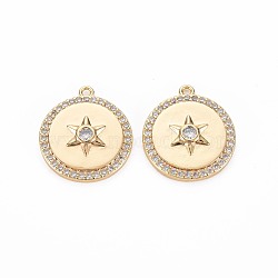 Brass Micro Pave Cubic Zirconia Pendants, Nickel Free, Flat Round with Hexagram, Clear, Real 18K Gold Plated, 19x17x3mm, Hole: 1.2mm(KK-R130-003A-NF)