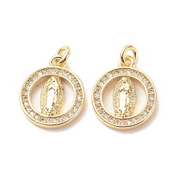 Brass Micro Pave Clear Cubic Zirconia Pendants, with Jump Ring, Cadmium Free & Lead Free, Flat Round with Saint, Real 18K Gold Plated, 15x12.5x2.5mm, Hole: 2.2mm(ZIRC-P099-04G)