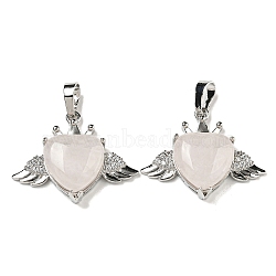 Natural Quartz Crystal with Clear Cubic Zirconia Pendants, Heart & Wing Charms with Rack Plating Brass Findings, Platinum, Cadmium Free & Lead Free, 25x31.5x8.5~9mm, Hole: 7.9x5mm(G-G133-02P-21)