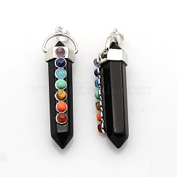 Yoga Chakra Jewelry Platinum Plated Brass Gemstone Double Terminated Pointed Big Pendants, Black Agate, 58x17x16mm, Hole: 7x6mm(G-P053-19E)