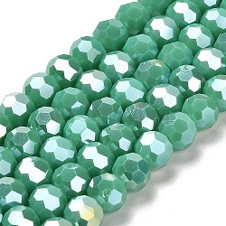 Opaque Glass Beads Stands, AB Color, Faceted(32 Facets), Round, Medium Sea Green, 8x7~7.5mm, Hole: 1.5mm, about 66pcs/strand, 18.82~19.06 inch(47.8~48.4cm)(EGLA-A035-P8mm-B13)