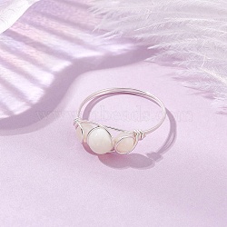 Round Natural Sea Shell Finger Rings, Copper Wire Wrapped Rings, Silver, 7mm, Inner Diameter: 18mm(RJEW-JR00848-02)