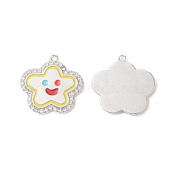 Alloy Enamel Pendants, with Crystal Rhinestone, Lead Free & Cadmium Free, Star with Smiling Face  Charm, Platinum, 28x29x2mm, Hole: 2mm(FIND-A029-04P-01)