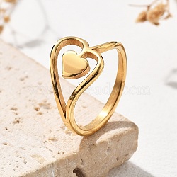 304 Stainless Steel Heart Finger Rings, Ion Plating(IP), Golden, 12.5mm, US Size 6(16.5mm)(RJEW-Q012-17G)