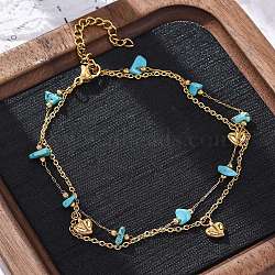 Bohemia Style 304 Stainless Steel Cable Chain Multi-strand Bracelets, Natural Turquoise & Heart Link Bracelets for Women, with Plastic Imitation Pearl, 8-1/8 inch(20.5cm)(BJEW-Z088-01B-G)