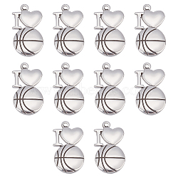 10Pcs 304 Stainless Steel Pendants, Laser Cut, I Love with Basketball, Stainless Steel Color, 28.5x16x2.5mm, Hole: 2mm(STAS-UN0039-49)