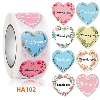 500Pcs Heart Shaped Paper Thank You Self Adhesive Stickers Rolls, Sealing Gift Decals for Party, Decorative Presents, Colorful, 25mm