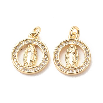 Brass Micro Pave Clear Cubic Zirconia Pendants, with Jump Ring, Cadmium Free & Lead Free, Flat Round with Saint, Real 18K Gold Plated, 15x12.5x2.5mm, Hole: 2.2mm