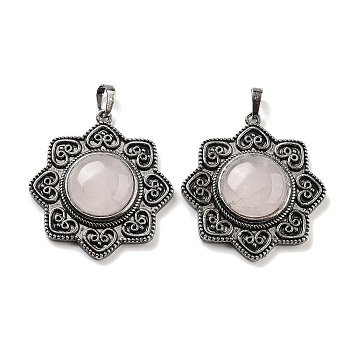 Natural Rose Quartz & Brass Pendants, Antique Silver, Sun Charm, 43.5x39.5x9mm, Hole: 9.5x5.5mm