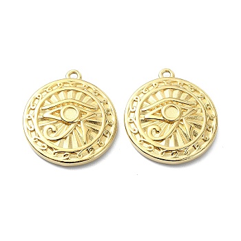 304 Stainless Steel Pendants, Flat Round with Eye of Horus Charm, Real 14K Gold Plated, 20x18x3mm, Hole: 1.2mm