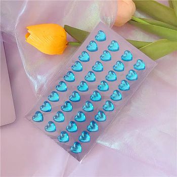 Acrylic Rhinestone Self-Adhesive Stickers, Waterproof Bling Faceted Heart Crystal Decals for Party Decorative Presents, Kid's Art Craft, Deep Sky Blue, Heart: 12mm, about 36pcs/sheet