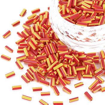 Opaque Colours Two Tone Seed Glass Bugle Beads, Round Hole, Round Bugle, Orange Red, 4~8.5x2mm, Hole: 0.6~0.8mm, about 450g/Pound