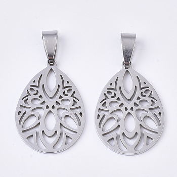 201 Stainless Steel Pendants, Filigree Pendants, with Random Size Snap on Bails, Teardrop, Stainless Steel Color, 28.5x20x1.5mm, Hole: 8~10x3~5mm