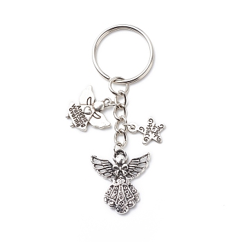 Angel Wing Tibetan Style Alloy Pendants Keychain, Star with Word Just For You Keychains, Antique Silver, 7.9cm