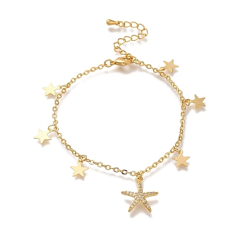 Star & Starfish Brass Micro Pave Clear Cubic Zirconia Charm Bracelets For Women, Real 18K Gold Plated, 6-7/8 inch(17.5cm)