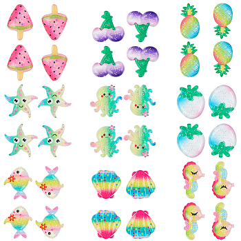 Resin Cabochons, with Glitter Powder, Watermelon, Grape, Pineapple, Peach, Starfish, Shell, Fish, Octopus, Sea Horse, Mixed Color, 18.5~26x13.5~23x3.5~6.5mm, 36pcs/set