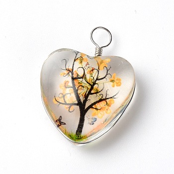 Transparent Glass Pendants, with Dried Flower inside and Stainless Steel Finding, Heart, Yellow, 34x25x12mm, Hole: 5mm