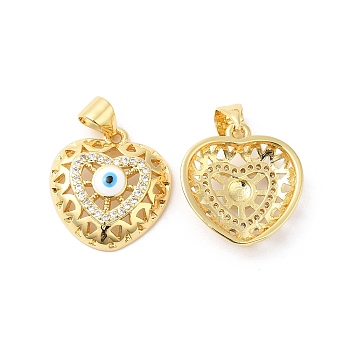 Brass Micro Pave Clear Cubic Zirconia Pendants, with Enamel, Heart with Evil Eye Charms, Real 16K Gold Plated, 17x16x5mm, Hole: 4.5x3.5mm