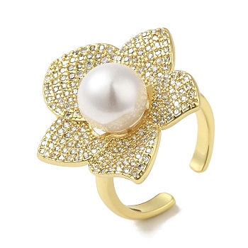 Rack Plating Brass Micro Pave Cubic Zirconia Flower Open Cuff Rings, Round Glass Pearl Beads Ring for Women, Cadmium Free & Lead Free, Long-Lasting Plated, Real 18K Gold Plated, Adjustable