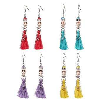 4 Pair 4 Color Synthetic Turquoise Skull Dangle Earrings, 316 Surgical Stainless Steel Tassel Earrings for Halloween, Mixed Color, 77~79mm, Pin: 0.7mm, 1 Pair/color