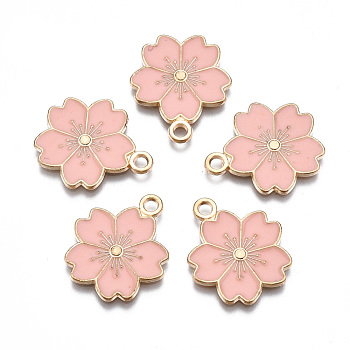 Alloy Enamel Pendants, Sakura Flower, Light Gold, Misty Rose, 20.5x17.5x1.5mm, Hole: 2mm