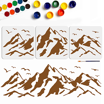 US 1 Set PET Hollow Out Drawing Painting Stencils, with 1Pc Art Paint Brushes, for Acrylic Painting Watercolor Oil Gouache, Mountain Pattern, Painting Stencils: 300x300mm, 3 styles, 1pc/style