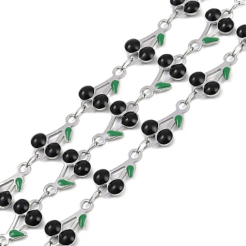 304 Stainless Steel Enamel Cherry Link Chains, with Spool, Soldered, Stainless Steel Color, Black, 13x7.5x2.5mm