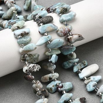 Natural Larimar Beads Strands, Nuggets, Top Drilled, Tumbled Stone, with Seed Beads , 9.5~20x4~9x4.5~6mm, Hole: 1mm, about 49~60pcs/strand, 14.96''~16.14''(38~41cm)