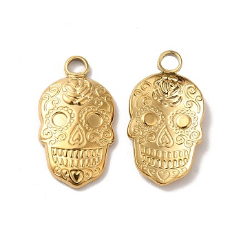 Ion Plating(IP) 304 Stainless Steel Pendant Rhinestone Settings, Halloween Skull, Real 18K Gold Plated, Fit for 2mm Rhinestone, 23x12x3mm, Hole: 3mm