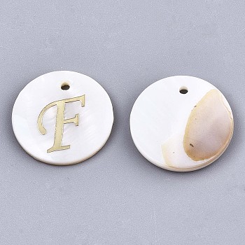 Natural Freshwater Shell Pendants, with Golden Plated Brass Etched Metal Embellishments, Flat Round with Letter, Letter.F, 15x2mm, Hole: 1.2mm