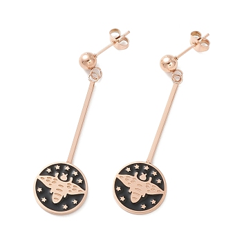 Black Flat Round with Moth and Star Enamel Dangle Earrings, Long Drop Earrings for Women, Rose Gold, 42x14.5x1.5mm, Pin: 0.8mm