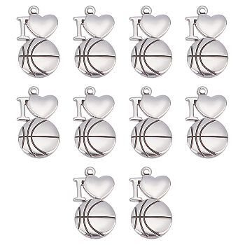 10Pcs 304 Stainless Steel Pendants, Laser Cut, I Love with Basketball, Stainless Steel Color, 28.5x16x2.5mm, Hole: 2mm