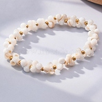 304 Stainless Steel & Shell Pearls Beaded Stretch Bracelets for Women, Flower, Golden, Inner Diameter: 2.05 inch(5.2cm)(SA-CBAAFEE-03G)