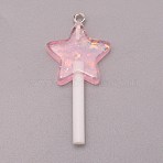 Resin Pendants, with Platinum Tone Iron Loop and Paillette/Sequins, Plastic Handle, Star Lollipop, Pink, 42x20x7mm, Hole: 2mm(RESI-WH0025-11C)