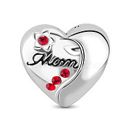 TINYSAND Mother's Day Theme, Heart Rhodium Plated 925 Sterling Silver European Large Hole Beads, with Cubic Zirconia, and Word Mom, Platinum, 10.88x11.62x8.47mm, Hole: 4.63mm(TS-C-066)