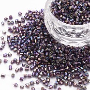 Glass Bugle Beads, Silver Lined Colours Rainbow, Medium Purple, 2.5~3x2mm, Hole: 0.9mm, about 15000pcs/pound(SEED-S032-09A-639)