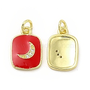 Brass Micro Pave Cubic Zirconia Pendants, with Enamel & Jump Ring, Rectangle with Moon Charm, Golden, Red, 16x11x2mm, Hole: 2.5mm(KK-E068-VB440-2)