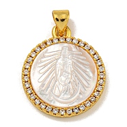 Rack Plating Brass Micro Pave Clear Cubic Zirconia Flat Round Pendants, Carved Natural White Shell Charms, Golden, Virgin, 22.5x19x3.5mm, Hole: 5X2.5mm(KK-U025-10G-04)