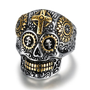Two Tone Stainless Steel Skull Finger Ring, Antique Silver & Golden, US Size 10(19.8mm)(PW-WG85306-04)