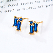 Cubic Zirconia Rectangle Stud Earrings, Golden 925 Sterling Silver Post Earrings, with 925 Stamp, Dark Blue, 8.5x5.8mm(GZ2843-6)