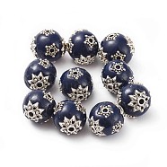 Handmade Indonesia Beads, with Polymer Clay, Alloy Bead Caps and Alloy Findings, Oval, Antique Silver, Midnight Blue, 13~15x13~14mm, Hole: 2mm(IPDL-J003-V01)