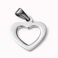 304 Stainless Steel Open Heart Pendants, Hollow, Stainless Steel Color, 21x19x2mm, Hole: 8x3.5mm(STAS-I127-030P)