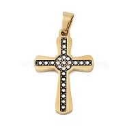 Ion Plating(IP) 304 Stainless Steel Enamel Rhinestone Pendants, Cross Charms, Real 18K Gold Plated, 32.5x21.5x2.5mm, Hole: 6x4mm(STAS-Q325-05L-G)