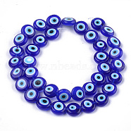 Handmade Evil Eye Lampwork Beads Strands, Flat Round, Blue, 9.5x3.5mm, Hole: 1.2mm, about 38pcs/strand, 14.1 inch~14.5 inch(LAMP-S191-02C-12)
