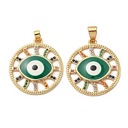 Real 18K Gold Plated Brass Pendants, with Cubic Zirconia and Enamel, Flat Round with Evil Eye Charms, Green, 26x23.5x3mm, Hole: 6x4mm(KK-L209-010G-04)